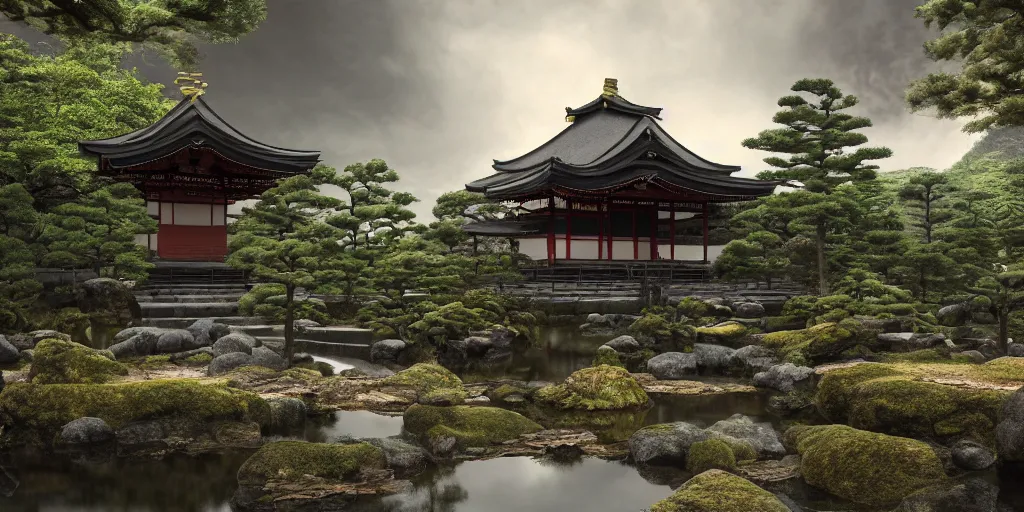 Image similar to a ancient japanese temple in the middle of a forest mear a small river, extremely highly detailed, high quality, 8K HDR, octane render, unreal engine 5, hyperrealistic, concept art, trending on Artstation, dramatic lighting, cinematic, high coherence, path tracing, ruins, clouds in the sky