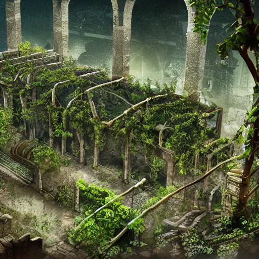 Image similar to Racks of computer equipment surrounded by ancient ruins and covered in vines, concept art, highly detailed, 8k, hyper realistic, unreal engine