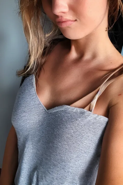 Image similar to 2 4 year old olive skinned female model, wearing v - neck top, zoomed in, photo realistic, extreme detail skin, natural beauty, no filter, slr, golden hour, 4 k, high definition, selfie