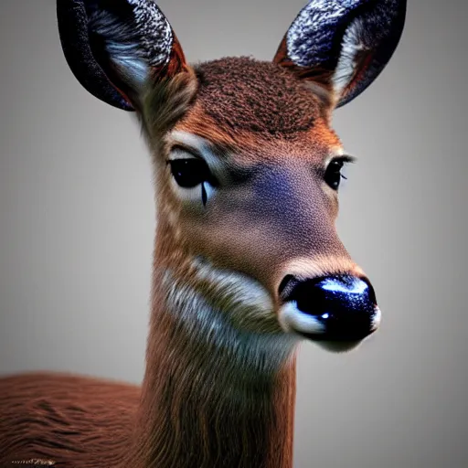 Image similar to hyperrealistic mugshot of a deer, photorealistic, 8k octane render, trending on art station, stunning visuals