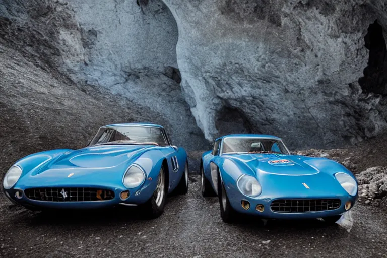 Prompt: cinematography of Ferrari 250 GTO series 2 in a blue glacier cave by Emmanuel Lubezki