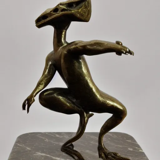 Image similar to antique 1930s France art deco. bronze figurine of a dinosaur dancing. on marble base. by Briand Marcel Bouraine. 30cm. high detail photograph. studio