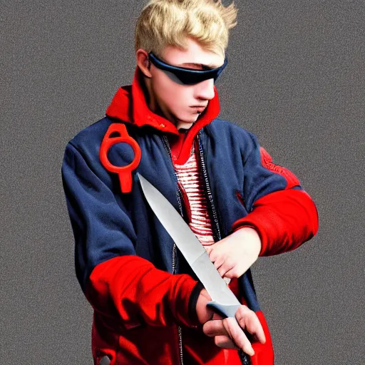 Image similar to a blonde teenager, goggles, red jacket, knife in his mouth, knife in his right hand and a knife in his left hand, photorealistic, hd, high details