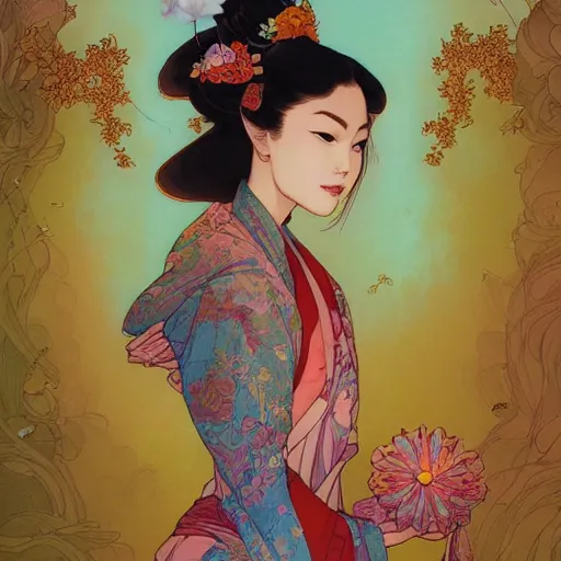 Image similar to asian princess portrait, with a flower kimono, stylized illustration by peter mohrbacher, moebius, mucha, victo ngai, colorful comic style