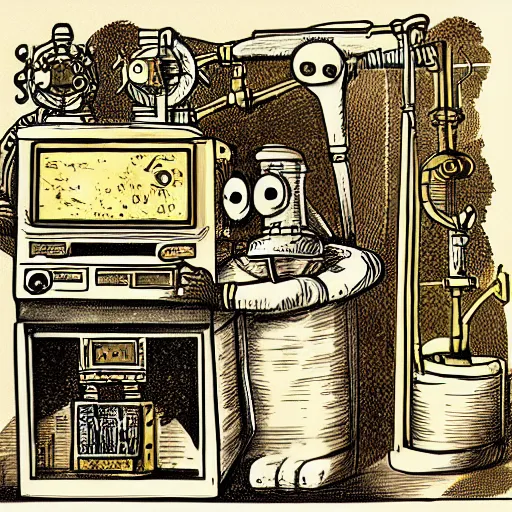 Image similar to illustration of a mad scientists machine, cartoony