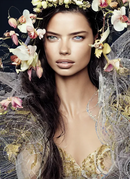 Prompt: an oil on canvas portrait! face-close-up of Adriana Lima as Galadriel , wavy hair covered by an orchid floral crown. The royal dress is made of intricate gold and silver threads with jewellery, composing complex geometrical patterns, zenithal lighting, shot on 70 mm, by Alina Ivanchenko and Hirothropologie and Patrick DeMarchelier .