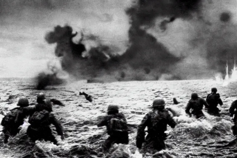 Prompt: film still godzilla! storming the beach of normandy in saving private ryan