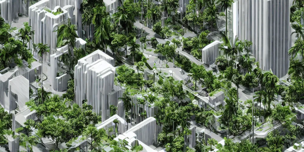 Image similar to Portland as Neo-Hawaii in the year 2055, futuristic, lush vegetation, white concrete, beautiful, detailed