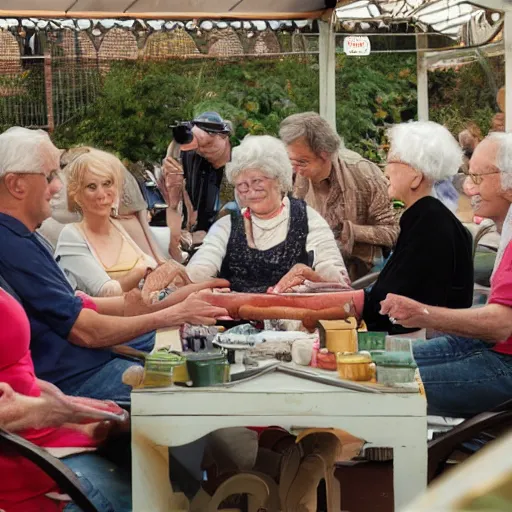 Image similar to a movie still from the antiques roadshow, old people discussing a priceless hot dog, uhd, 8k,