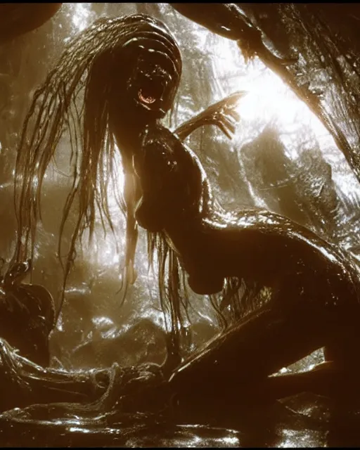 Image similar to film still of kim kardashian being fed by an xenomorph slathered in a transparent alien liquid, wet flowing hair, gooey skin, illustration, unreal engine 5, 8 k, directed by h. r. giger.