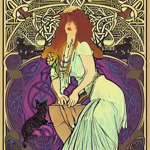 Image similar to lady with long curly hair with a cat beside her, with celtic spread tarot cards on a table in front of her, in a gypsy tent with Alphonse Mucha art nouveau poster style, with thin lines and pastel colors,