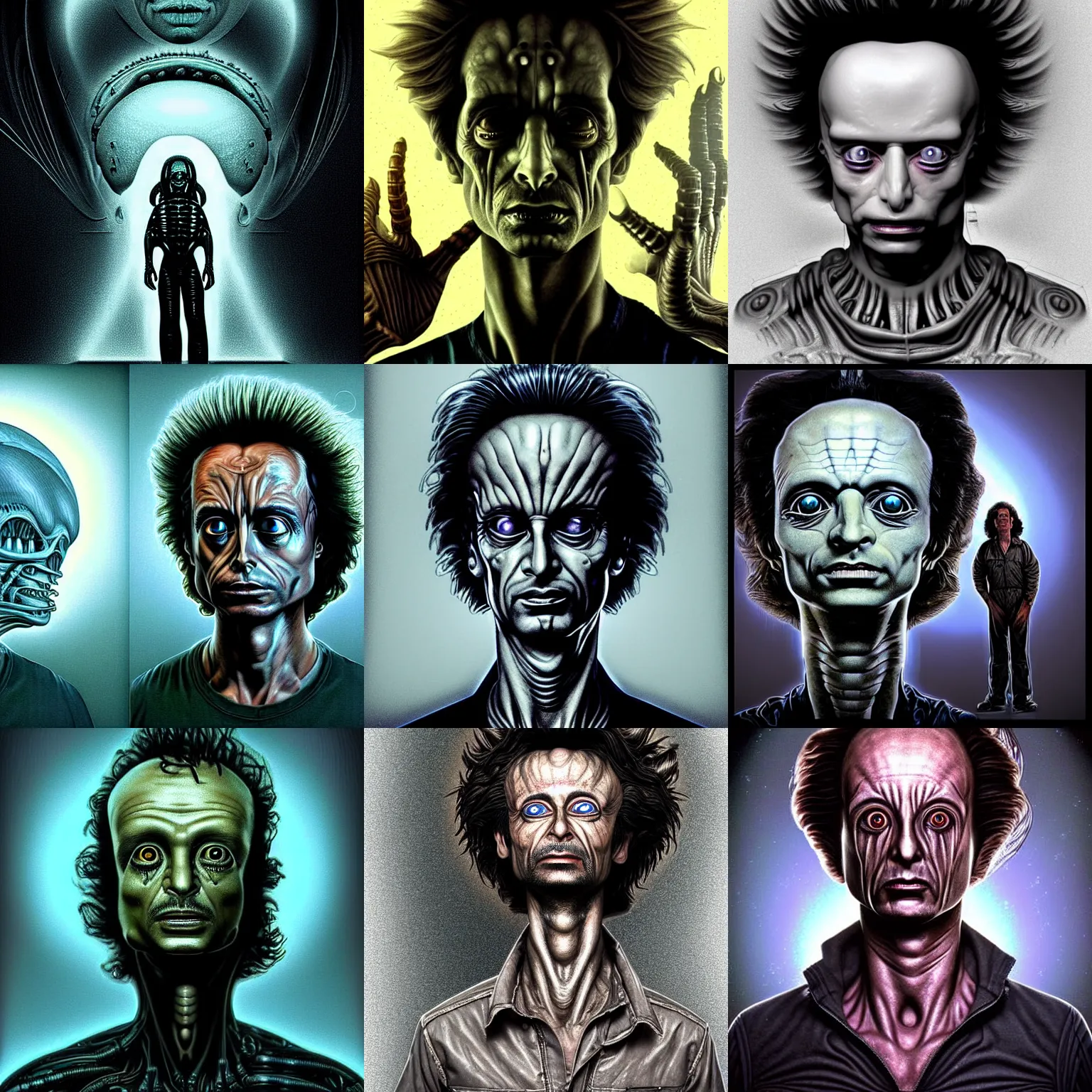 Prompt: a beautiful and intricate digital art of giorgio tsoukalos poorly disguised as an extra - terrestrial in the style of the movie aliens ( 1 9 8 6 ) and giger, escher, junji ito, detailed, cinematic, studio lighting, magic realism, artstationhq, unreal engine 5, volumetric fog, volumetric light