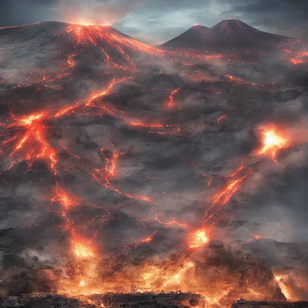 Prompt: Grand Pompeii city facing the erupting volcano, by Sebastian Luca photorealistic cinematic volume lighting