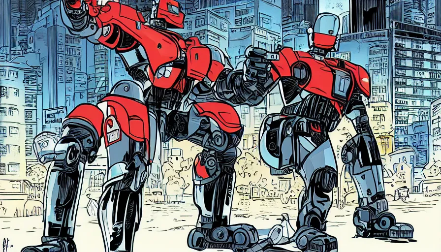Prompt: robocop fighting crime, by jeff smith