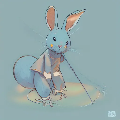 Image similar to artstation, by hayao myazaki, concept art, digital art, light blue, 2 - dimensional, 2 d, a rabbit robot