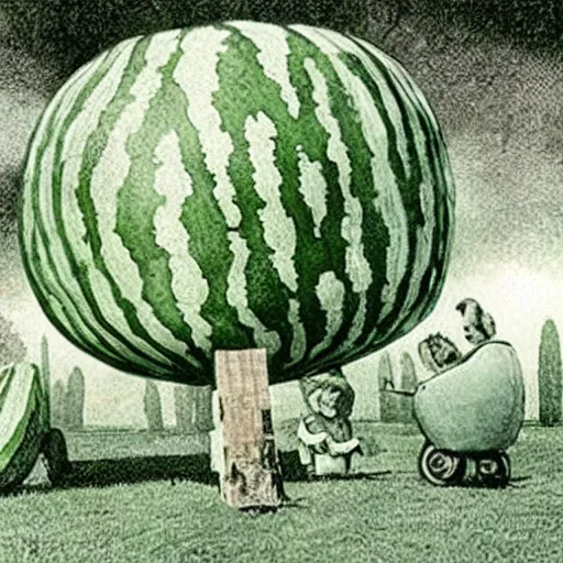 Prompt: The giant watermelon first appeared in a small town in the middle of nowhere. It was just a normal watermelon, sitting in a field, minding its own business. But then, something strange happened. The watermelon began to grow. And grow. And grow. It kept growing until it was the size of a house. Then, it started moving.