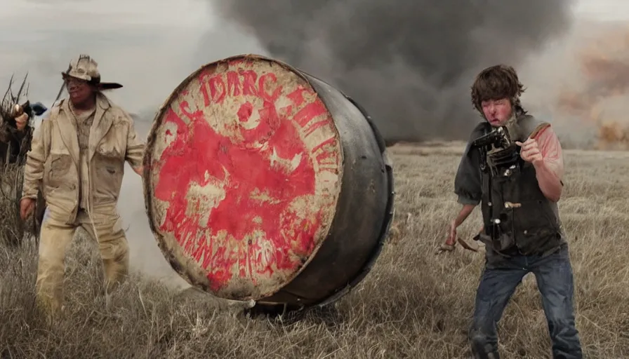 Image similar to Big budget horror movie, a drum marked with high explosive warnings