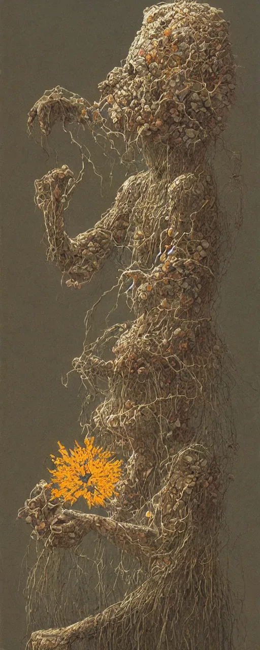 Image similar to a golemn tending to a intricate dried flower, zdzislaw beksinski, arthur rachham, 8 k, artstation