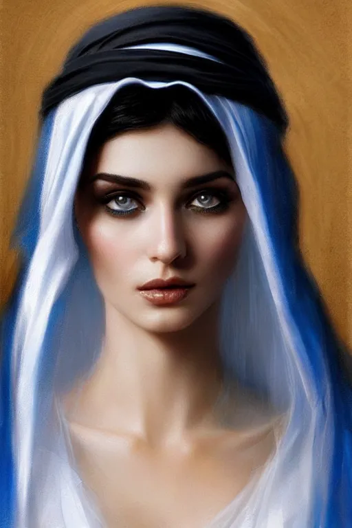 Image similar to arab Ameera al-Taweel, bright blue eyes, black hair, simple white veil, closeup, focus face, elegant, highly detailed, centered, oil painting, artstation, concept art by tom bagshaw