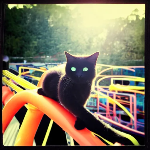 Prompt: black cat on a rollercoaster looping. focus on cats face. sunlight. polaroid photo. bright colors.