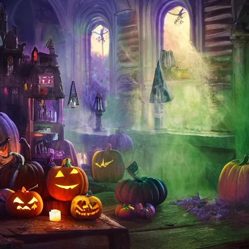 Image similar to colorful potions at the halloween harvest festival, volumetric lighting, 8 k octane beautifully detailed render, post - processing, extremely hyper - detailed, intricate, epic composition, cinematic lighting, masterpiece, trending on artstation, detailed detailed detailed, masterpiece, stunning art by anders zorn, wonderful masterpiece by greg rutkowski, beautiful cinematic light,