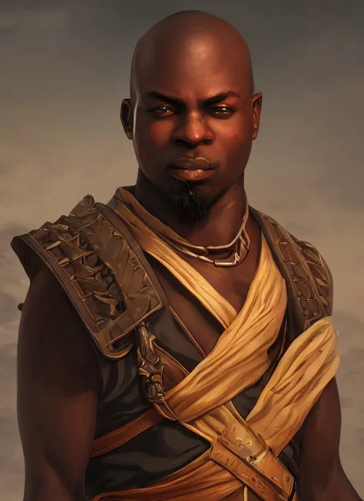 Image similar to An epic fantasy comic book style portrait painting of a young dark skinned thief with broad shoulders and a bald head in a vest in the style of the wheel of time, unreal 5, DAZ, hyperrealistic, octane render, cosplay, RPG portrait, dynamic lighting