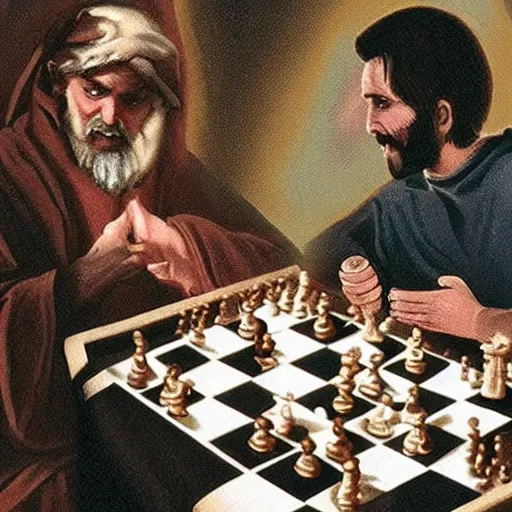 Image similar to the antichrist playing chess with jesus