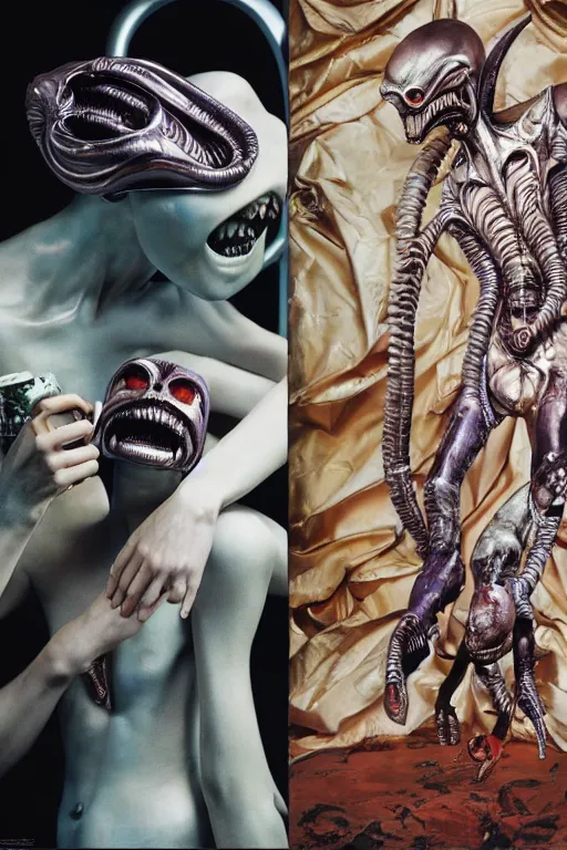 Image similar to instax still frame of Faceless Void from Alien and Prometheus by Guo Jian and Yue Minjun featured in Vogue editorial fashion photography, haute couture dressed by Givenchy and Salvatore Ferragamo painted by Andrea Pozzo, in lush metal and porcelain by