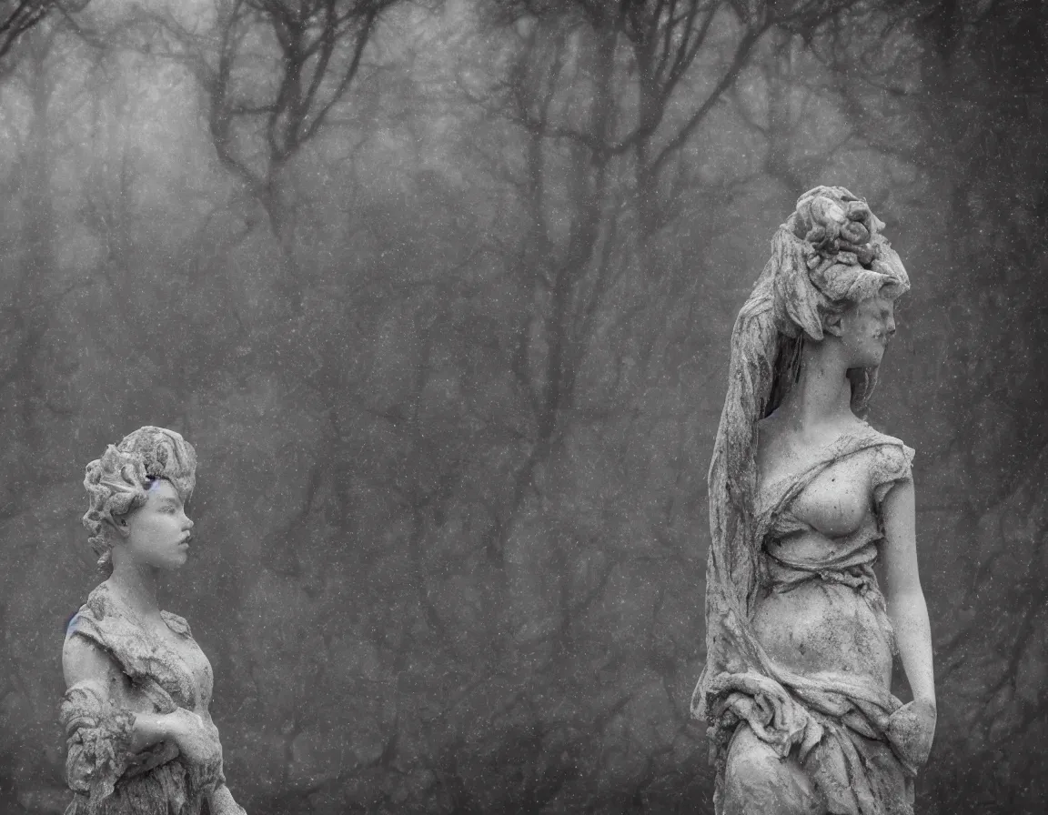 Prompt: broken marble sculpture of anya taylor joy in a foggy castle garden, gloomy, photography