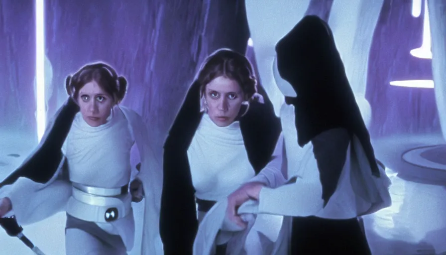 Image similar to screenshot portrait of Luke Skywalker and Princess Leia, facing off against an incredibly haunting female sith lord in white, on a sith planet of purple magic maelstrom, iconic scene from the 1970s sci fi thriller film by Stanley Kubrick, HR Geiger, stunning cinematography, hyper-detailed, sharp, anamorphic lenses, kodak color stock, 4k, stunning