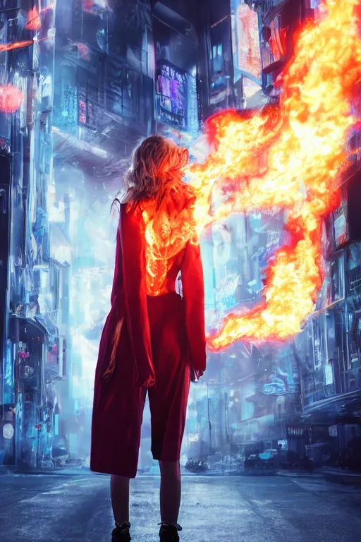 Prompt: young blonde woman from behind with flames dancing on her hands with a long jacket in a cyberpunk city, realistic, high definition, 4K, shimmering color, digital art