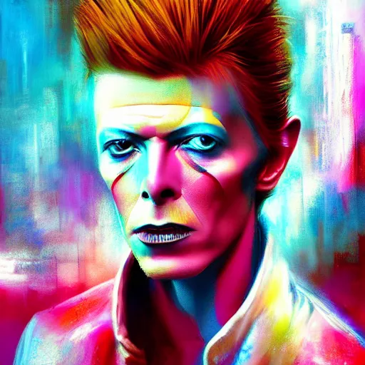Prompt: beautiful portrait of David Bowie, colorful and vivid, many details, high contrast, 4K, 2D cyberpunk, Renato Muccillo
