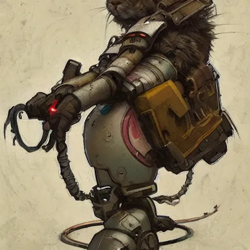 Image similar to grungy rabbit hare that is half robot illustration by greg rutkowski, thomas kindkade, alphonse mucha, cyborg bunny, norman rockwell. Trending on artstation.