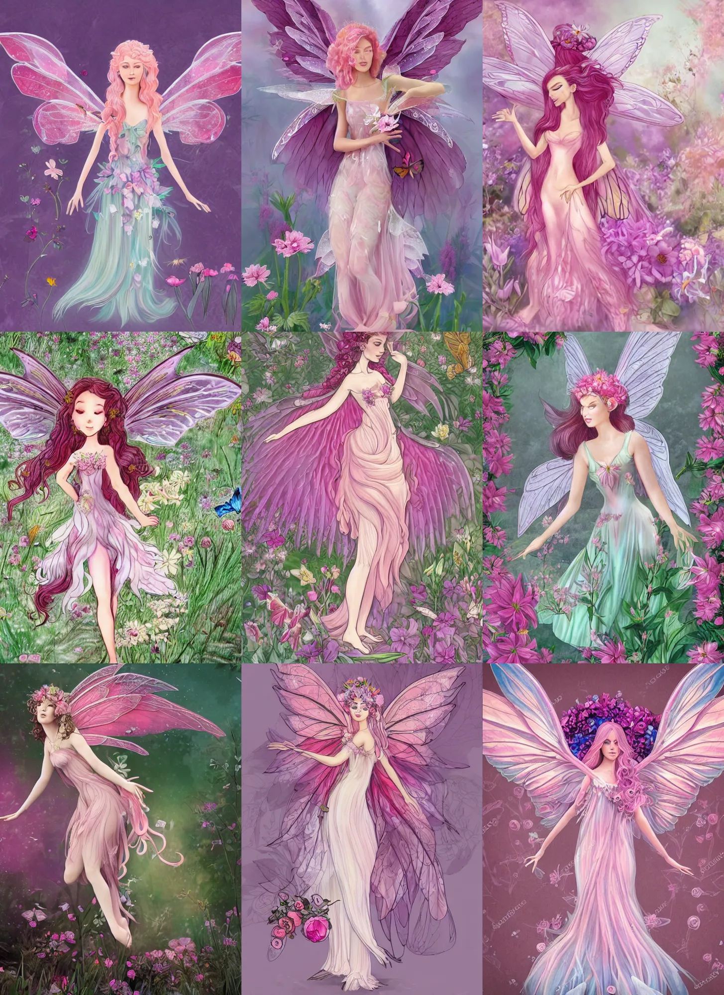 Prompt: full body concept of a pink beautiful fairy with large wings and flowing hair is exploring her flower garden, extremely detailed, muted colors, negative space
