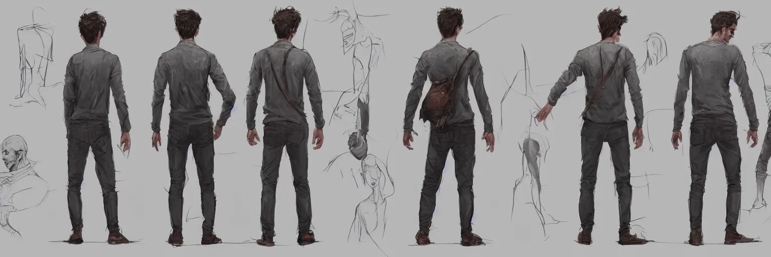 Image similar to character study of julian lage and andrew garfield, innocent, naive, character sheet, fine details, concept design, contrast, kim jung gi, greg rutkowski and francis bacon, trending on artstation, 8 k, full body and head, turnaround, front view, back view, ultra wide angle