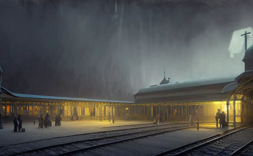 Prompt: painting of a wide angle exterior shot of a victorian utopian train station with cinematic lighting by peter zumthor and renzo piano, darek zabrocki and greg ruthkowski, alphonse mucha, simon stalenhag and cinematic and blue cold atmospheric, holy place, atmospheric, archillect concept art, artstation, trending on artstation