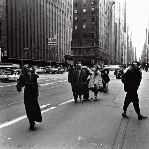 Prompt: analog medium format walking people street photography in new york, 1 9 6 0 s, wide - angle, photographed on colour expired film, detailed photograph