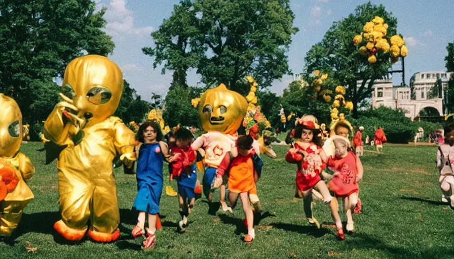 Image similar to 1990s candid photo of a beautiful day at the park, cinematic lighting, cinematic look, golden hour, large personified costumed flower people in the background, Enormous flower people mascots with friendly faces chasing kids, kids talking to flower people that are kinda scary, UHD