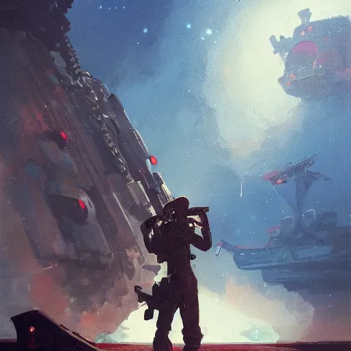 Image similar to a pirate holding a machine gun standing on top of a space ship, art by greg rutkowski