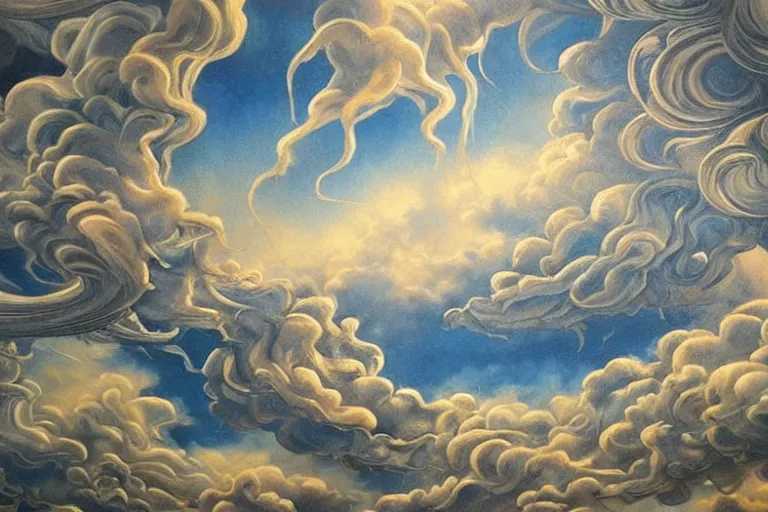 Prompt: a huge flock of many elaborate intricate smooth sculptural whirling elegant clouds puffy filigreed twisting turning cloud sculptures, tornadoes, art nouveau military environment, soothing, crepuscular, award winning art, epic dreamlike fantasy landscape, ultra realistic,