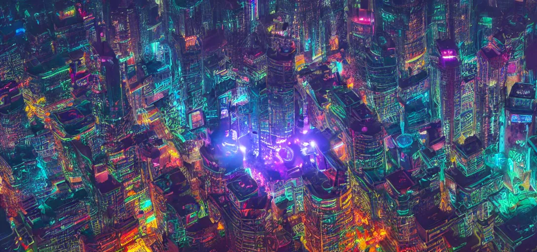 Prompt: chinese cyberpunk palace, cyberpunk, futuristic, ultra wide angle, photograph, sharp focus, intricate detail, drone shot, neon streetlights, holographic advertising board hanging everywhere, high resolution, 8 k