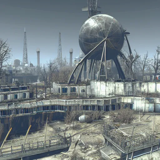 Prompt: the atomium from belgium in fallout 4, screenshot, high res, raytracing