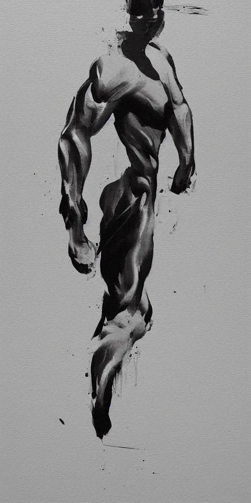 Image similar to thick long paint brush strokes, outline suggesting the physique of one!!! thin athletic man doing pullup, matte paint colors, minimal painting, negative space, long flowing brush strokes, very abstract trending on artstation