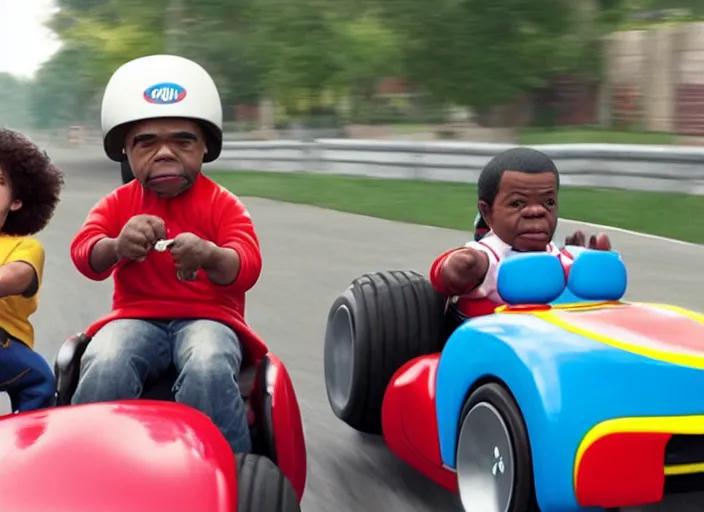 Image similar to peter dinklage racing gary coleman driving a little tikes cars, movie still, from the new fast and furious movie, 8 k, realistic