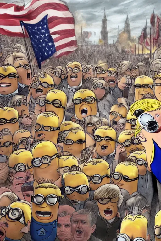 Prompt: trump with blond hair as a minion standing in front of a riot, sketch, intricate, portrait, 8 k highly professionally detailed, hdr, cgsociety