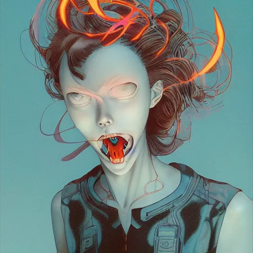 Image similar to prompt : woman devil soft light painted by james jean and katsuhiro otomo and erik jones, inspired by akira anime, smooth face feature, intricate oil painting, high detail illustration, sharp high detail, manga and anime 1 9 9 9