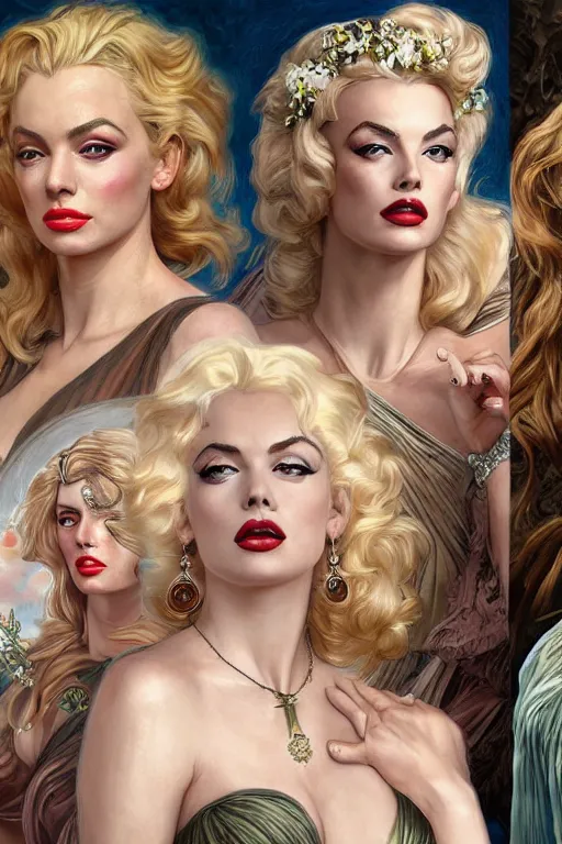 Image similar to ultra realistic illustration, a stunningly beautiful greek goddess of chaos played by marilyn monroe and christina hendricks and margot robbie and taylor swift and megan fox and emma stone and britney spears, intricate, elegant, highly detailed, digital painting, artstation, concept art, smooth, sharp focus, illustration, art by artgerm and greg rutkowski and alphonse mucha