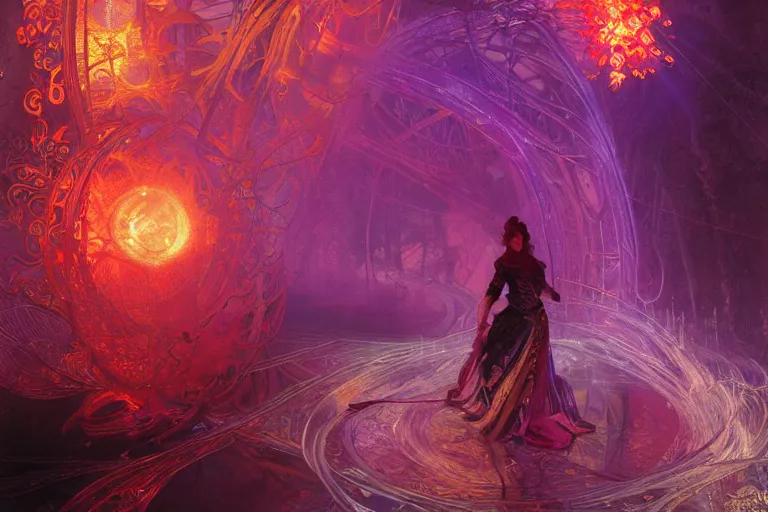 Prompt: arcs of purple flame intertwined with glowing sparks, glinting particles of ice, dramatic lighting, steampunk, bright neon, secret holographic cyphers, red flowers, solar flares, intricate art by alphonse mucha and greg rutkowski and ruan jia