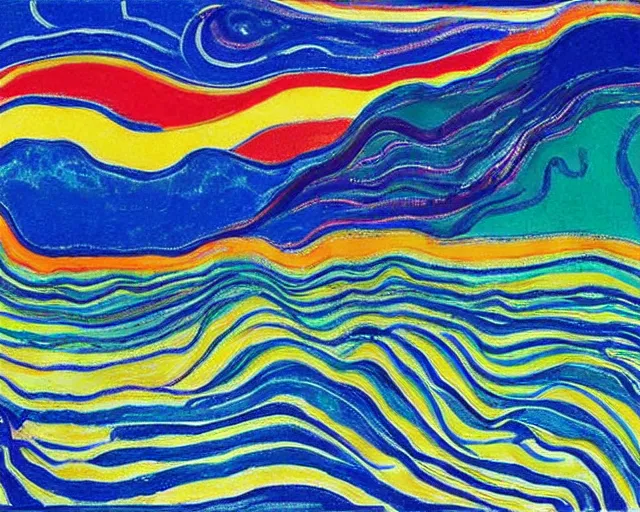 Image similar to Ocean waves in a psychedelic dream world. DMT. Curving rivers. Craggy mountains. Landscape painting by Edvard Munch. David Hockney. Wayne Thiebaud.