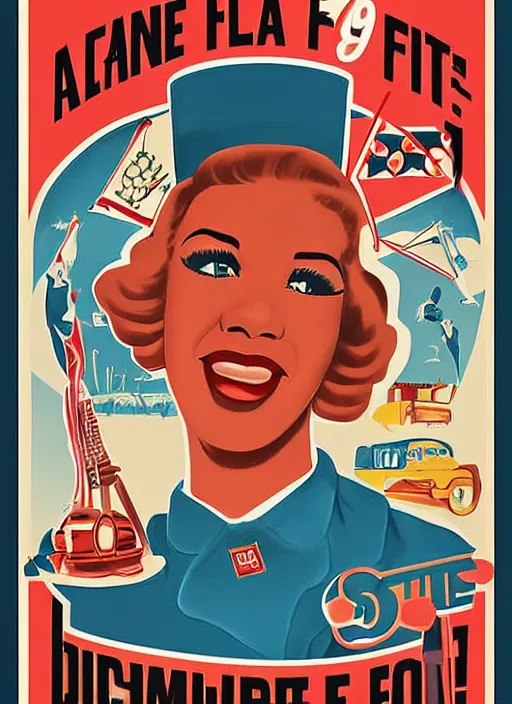 Image similar to a 1940s style state fair print poster design, digital art, designed and illustrated by Jermaine Rogers and Larent Durieux